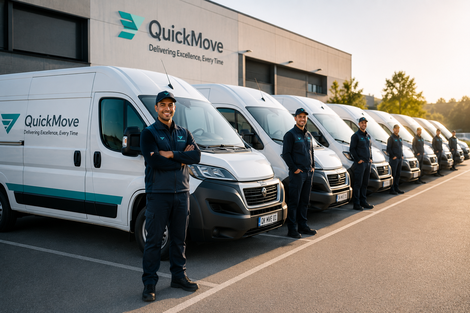 Fleet of branded delivery vans lined up outside a depot with drivers standing proudly beside them